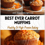 Stack of golden healthy carrot muffins on a rustic plate topped with grated carrot shreds.